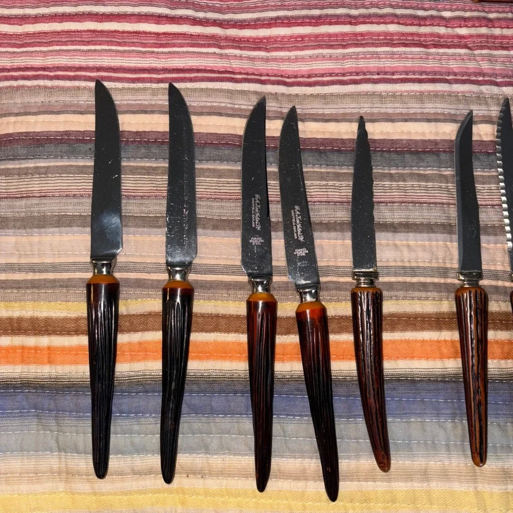 Vtg Sheffield Eng Steak & Butter Knife Set 13pc Faux Horn Handle Stainless Steel
